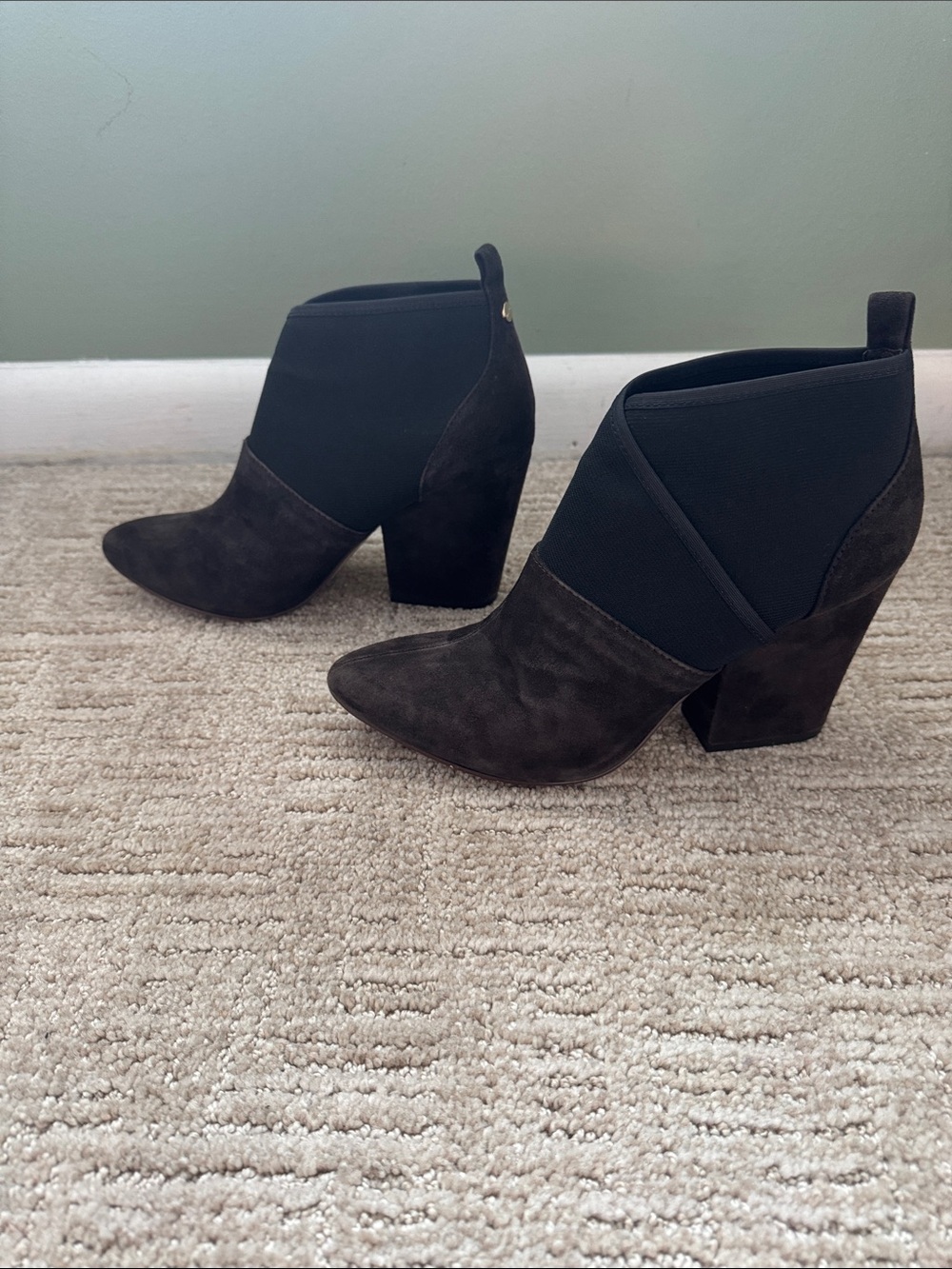 Women's Brown Calvin Klein Suede Ankle Booties with Elastic Ankle/Block Heel 7.5